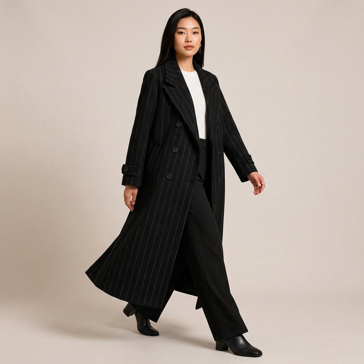 Pinstripe Oversized Double-Breasted Long Wool-Blend Coat