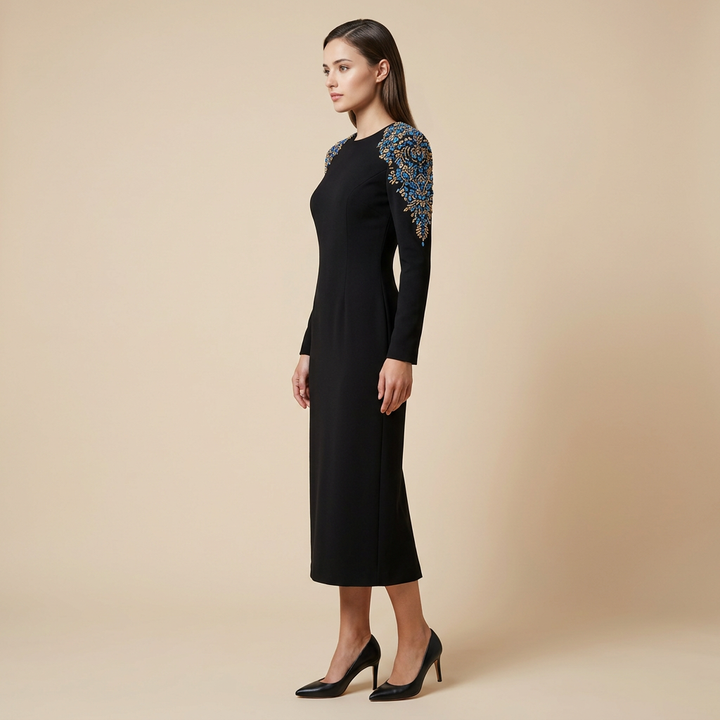 Black Beaded Shoulder Midi Dress for Cocktail Parties and Elegant Evening Events Women
