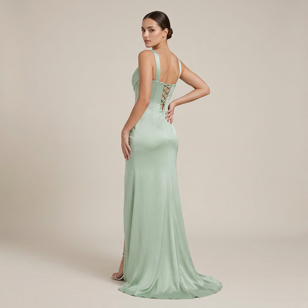 Sage Green Asymmetrical Draped Corset High-Slit Satin Mermaid Evening Gown