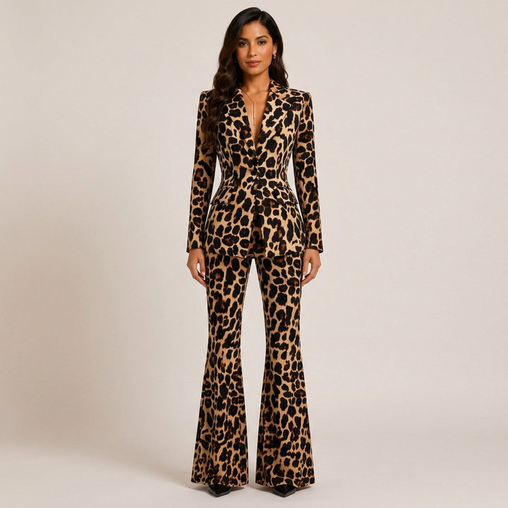 Leopard Print One-Button Blazer and Flared Pants Set for Friday Night Vibes Women