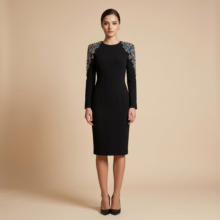 Black Beaded Shoulder Midi Dress for Cocktail Parties and Elegant Evening Events Women