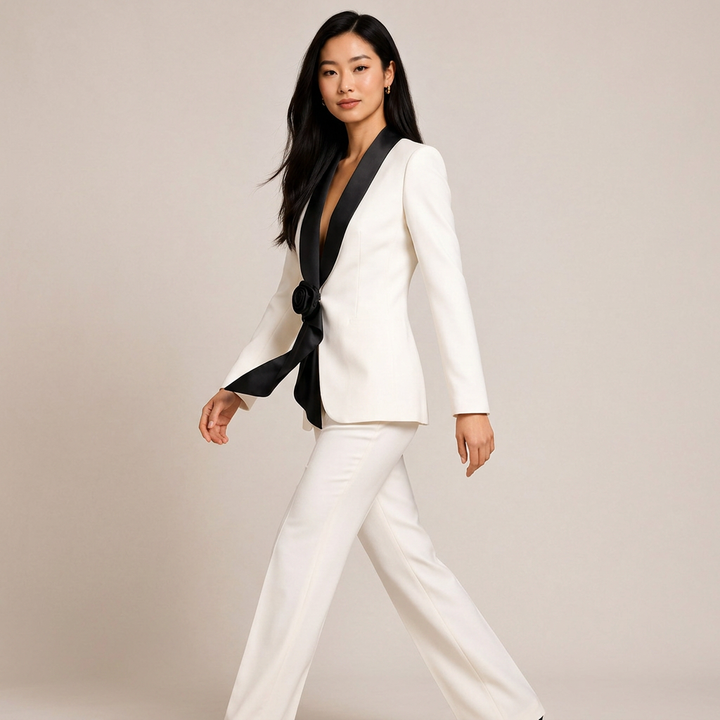Satin Lapel Blazer and Wide Leg Pants Set for Meetings and Executive Elegance Women