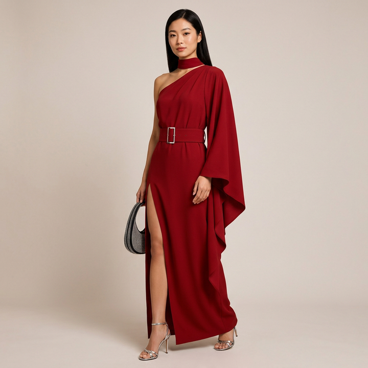 Red One Shoulder Cape Sleeve Belted Slit Maxi Gown for Evening Events and Wedding Guest Elegance Women