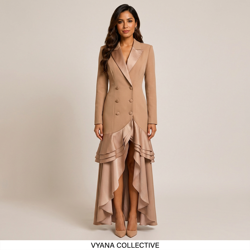 Khaki Satin Ruffle Double-Breasted Blazer Maxi Evening Gown