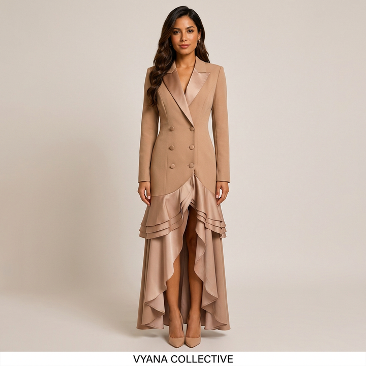 Khaki Satin Ruffle Double-Breasted Blazer Maxi Evening Gown