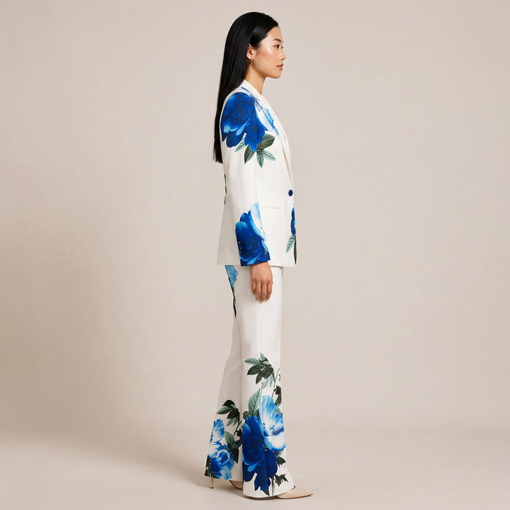 Floral Print Tailored Blazer and Flared Pants Suit Set for Friday Night Vibes and Statement Elegance Women
