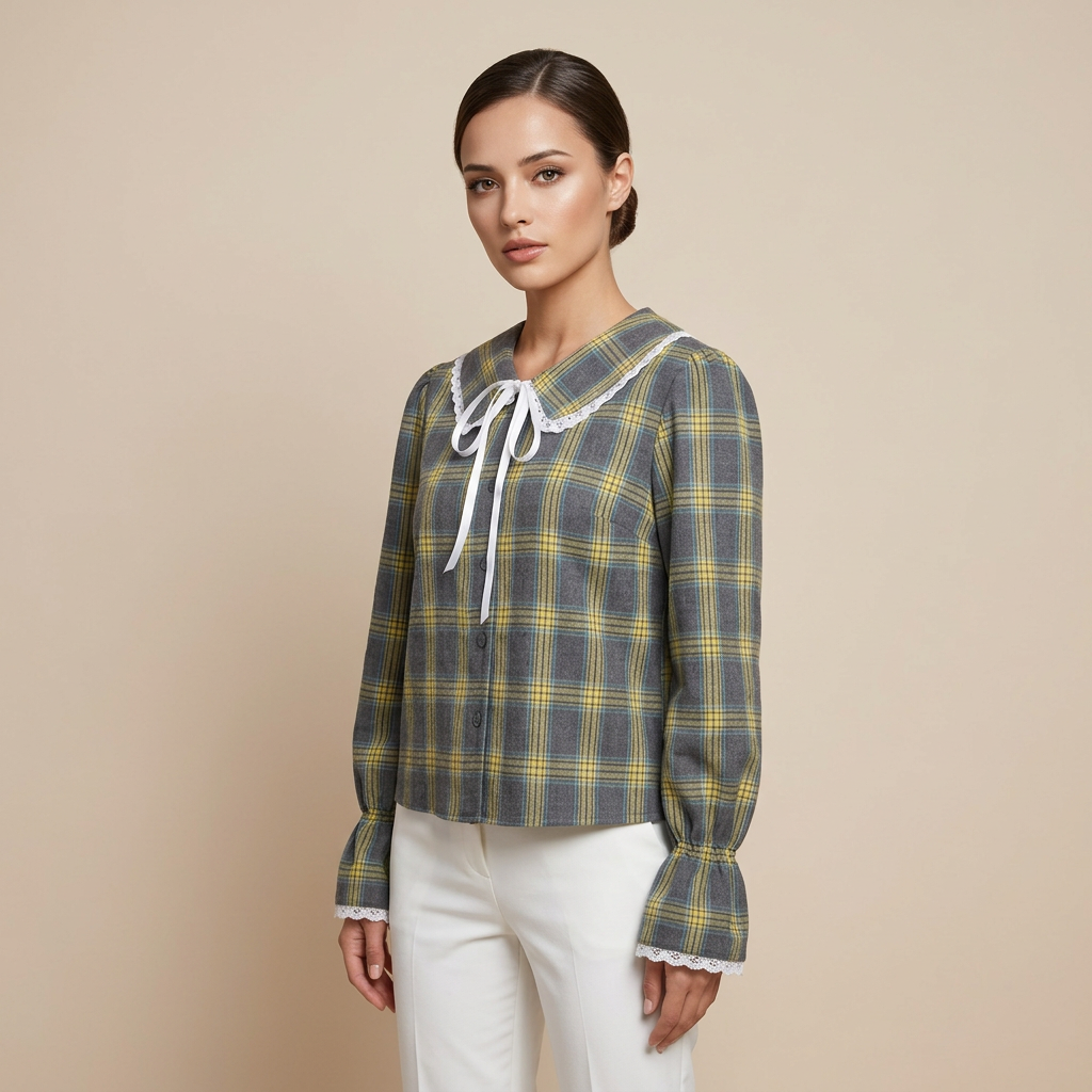 Women’s Plaid Lace Trim Bow-Tie Long Sleeve Shirt-Vyana Collective