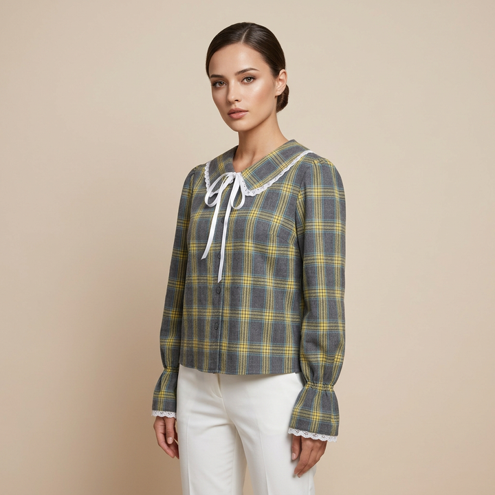 Women’s Plaid Lace Trim Bow-Tie Long Sleeve Shirt-Vyana Collective