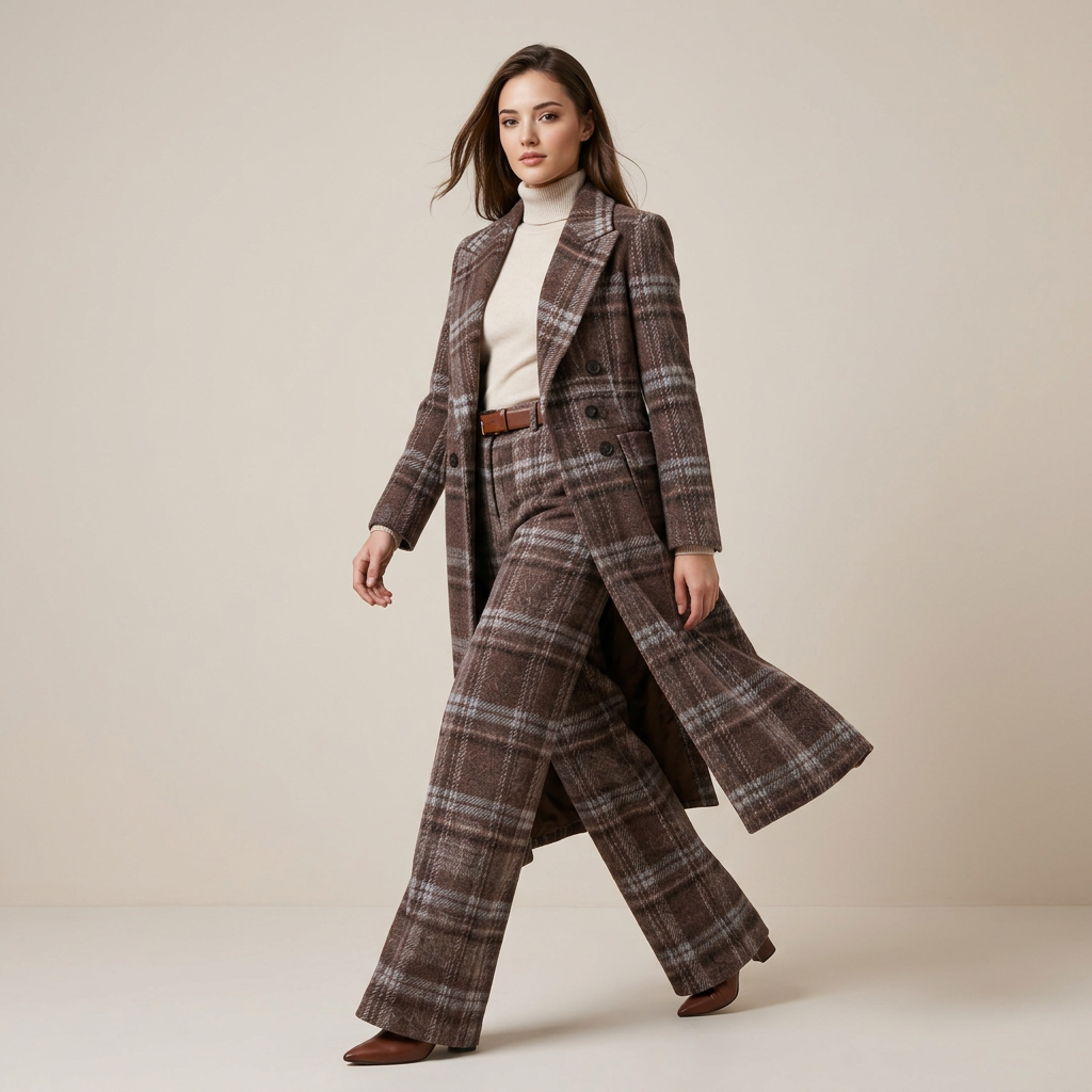 Brown Plaid Wool-Blend Long Coat &amp; Wide-Leg Pants Set