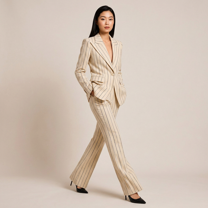 Pinstripe Tailored Blazer and Wide Leg Pants Set for Meetings Ready and Executive Elegance Women