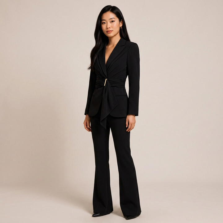 Wrap Waist Tailored Blazer and Flared Pants Suit Set for Meetings Ready and Modern Executive Style Women