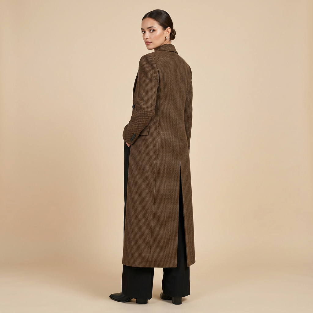 Houndstooth Structured Double-Breasted Long Wool-Blend Coat