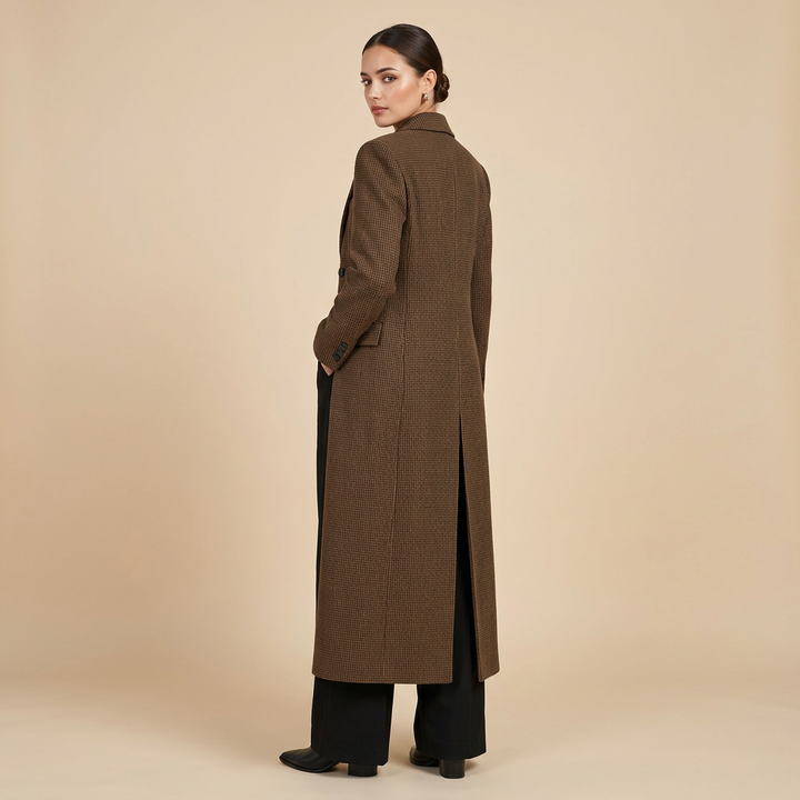 Houndstooth Structured Double-Breasted Long Wool-Blend Coat