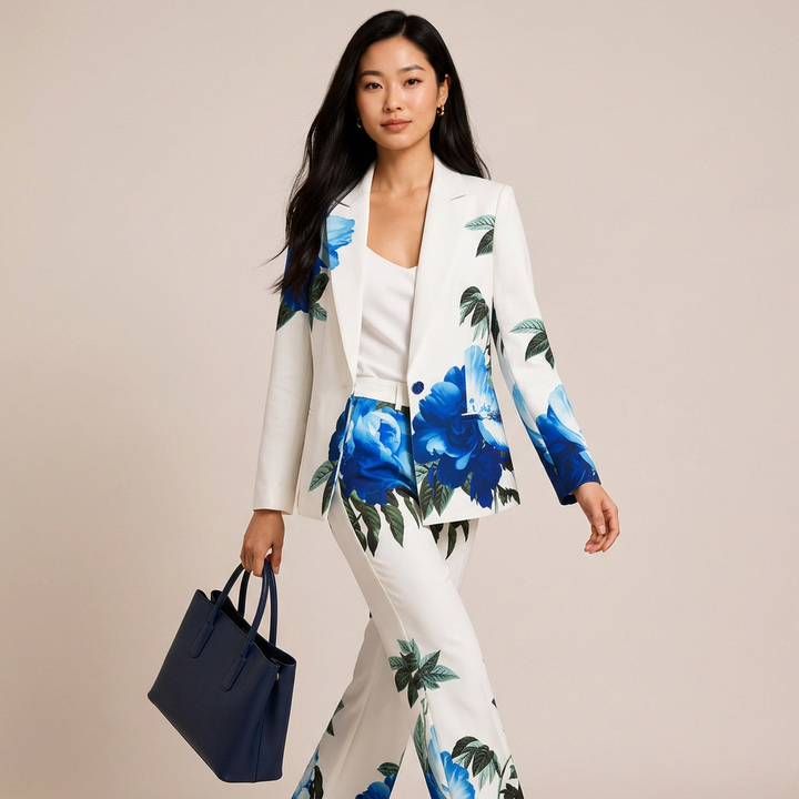 Floral Print Tailored Blazer and Flared Pants Suit Set for Friday Night Vibes and Statement Elegance Women