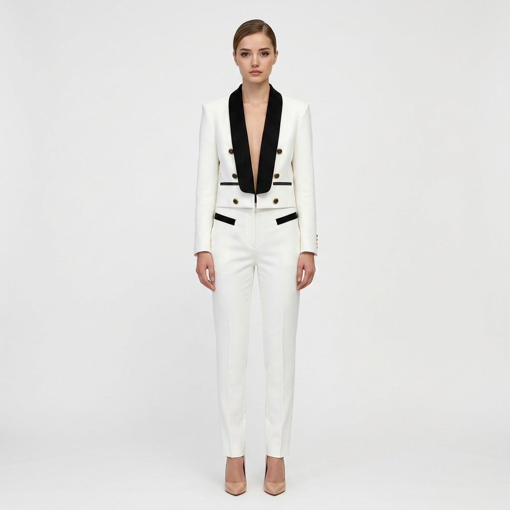 Color Block Cropped Blazer with Contrast Shawl Lapel for Executive Office Style Women