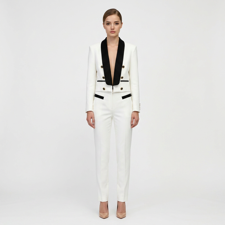 Color Block Cropped Blazer with Contrast Shawl Lapel for Executive Office Style Women