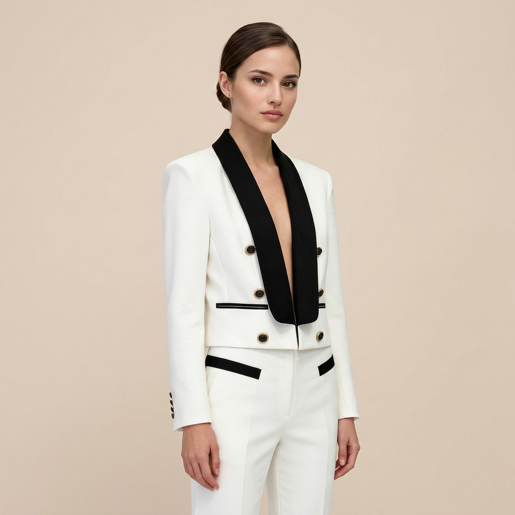 Color Block Cropped Blazer with Contrast Shawl Lapel for Executive Office Style Women