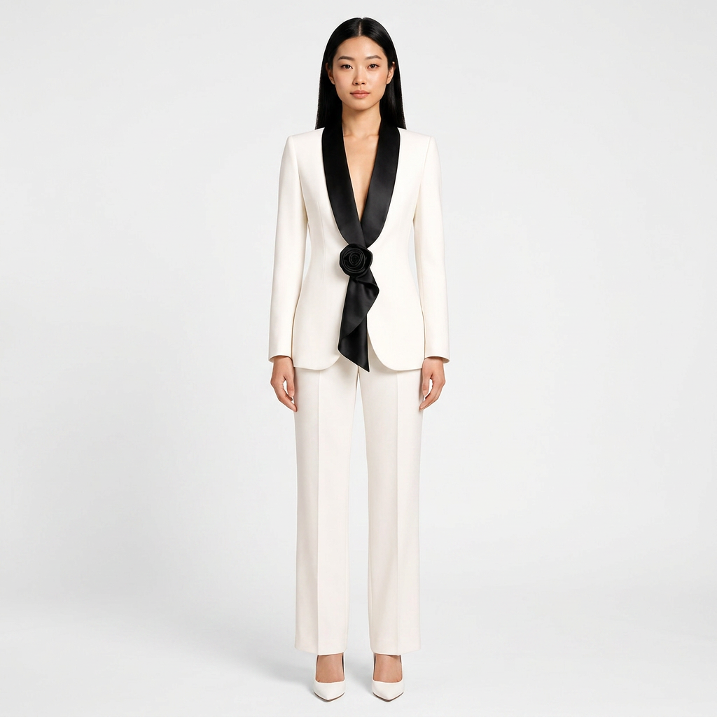 Satin Lapel Blazer and Wide Leg Pants Set for Meetings and Executive Elegance Women