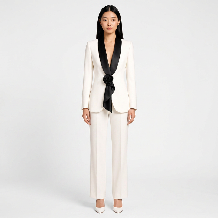 Satin Lapel Blazer and Wide Leg Pants Set for Meetings and Executive Elegance Women