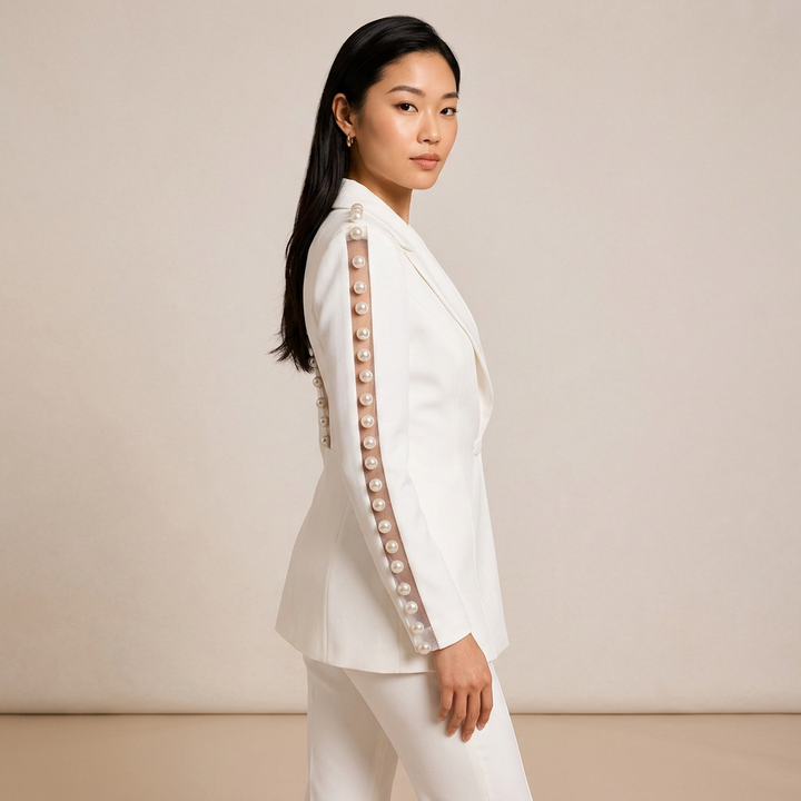 White Pearl Sleeve Blazer and Wide Leg Pants Set for Meetings and Executive Elegance Women