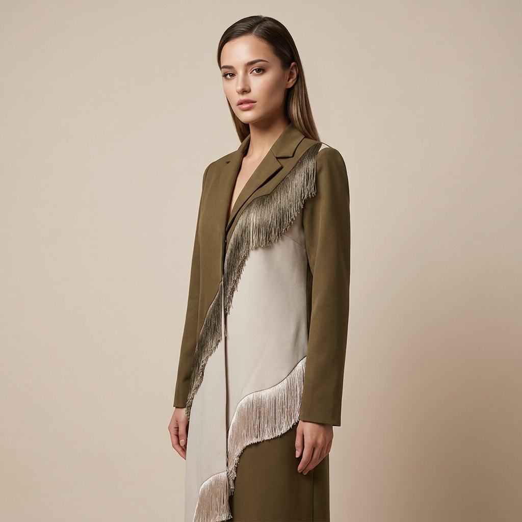 Brown Color Block Fringe Maxi Blazer Coat-Vyana Collective