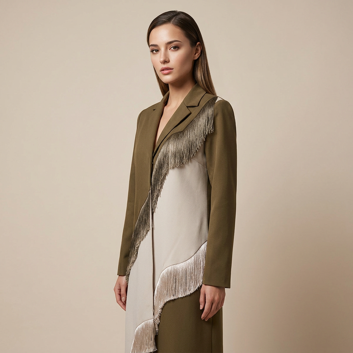 Brown Color Block Fringe Maxi Blazer Coat-Vyana Collective