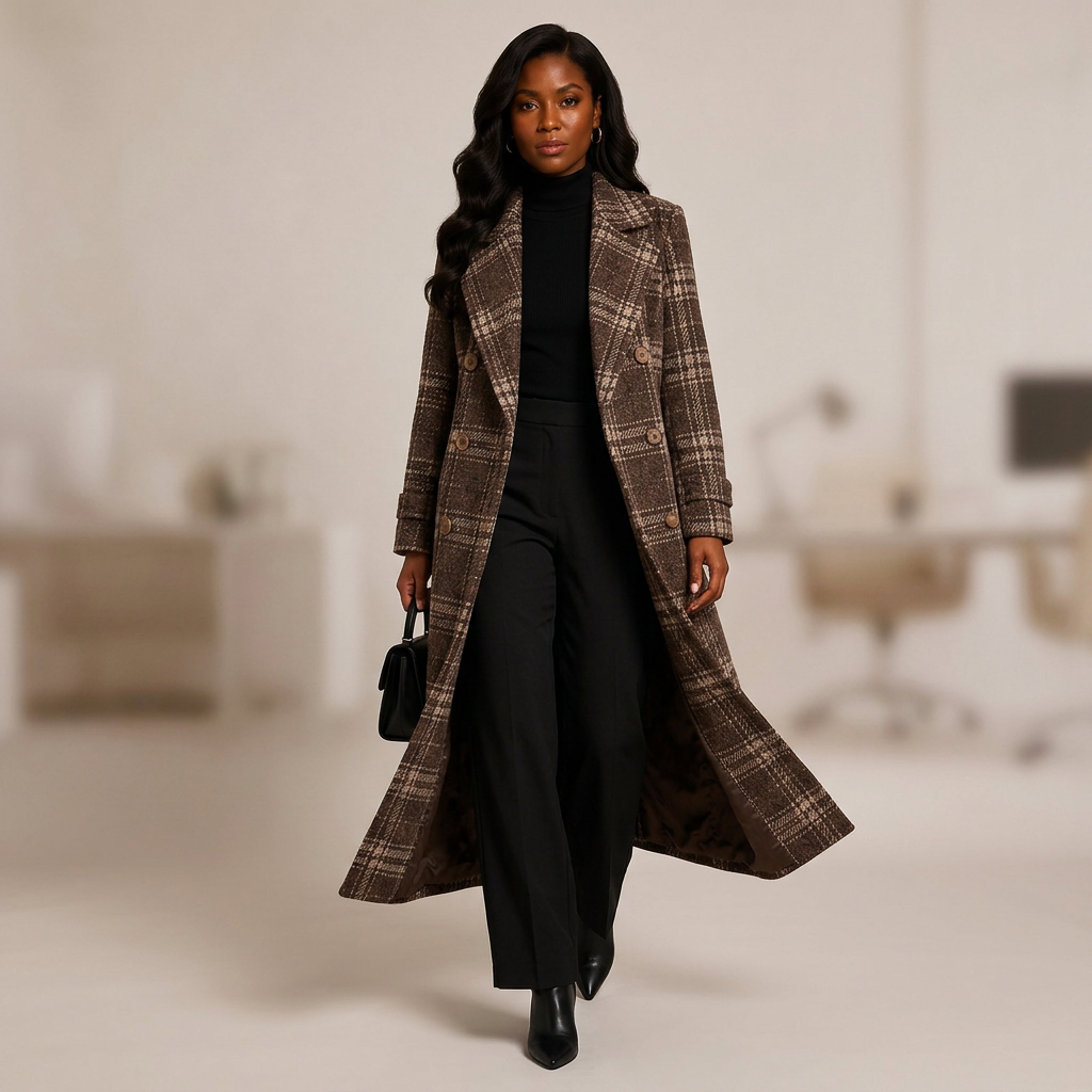 Plaid Oversized Double-Breasted Long Wool-Blend Coat