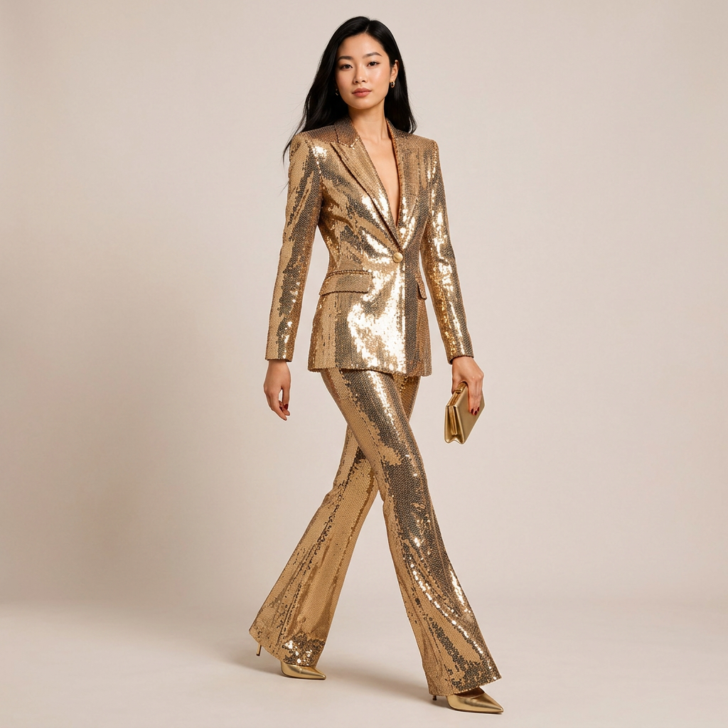 Gold Sequin Blazer and Wide Leg Pants Set for Gala Evenings and Luxe Party Glamour Women