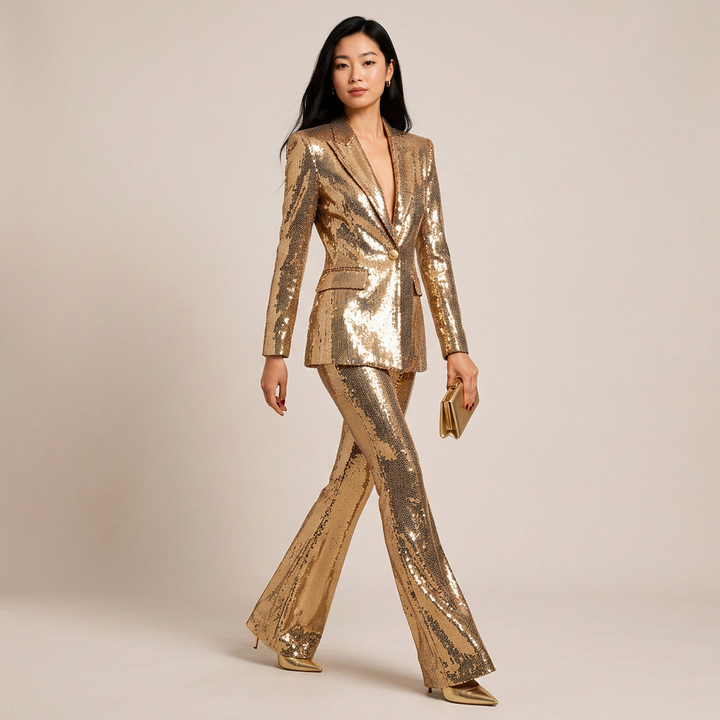 Gold Sequin Blazer and Wide Leg Pants Set for Gala Evenings and Luxe Party Glamour Women