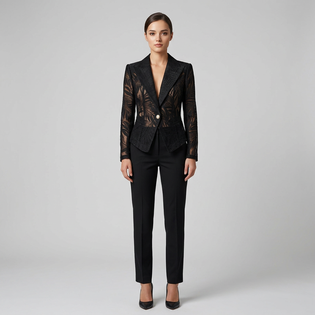 Black Embroidered Mesh Blazer for Cocktail Parties and Evening Elegance Women