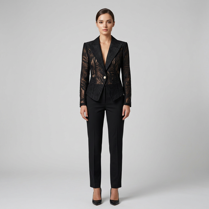 Black Embroidered Mesh Blazer for Cocktail Parties and Evening Elegance Women
