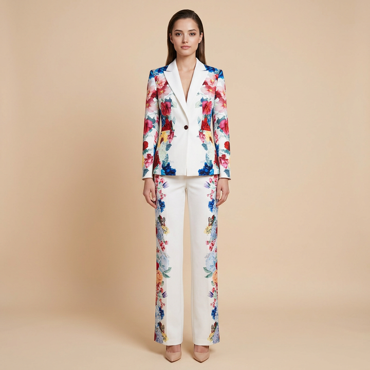 Floral Print Blazer and Wide Leg Pants Suit Set for Office Style Women
