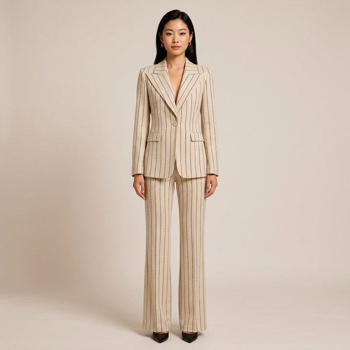 Pinstripe Tailored Blazer and Wide Leg Pants Set for Meetings Ready and Executive Elegance Women