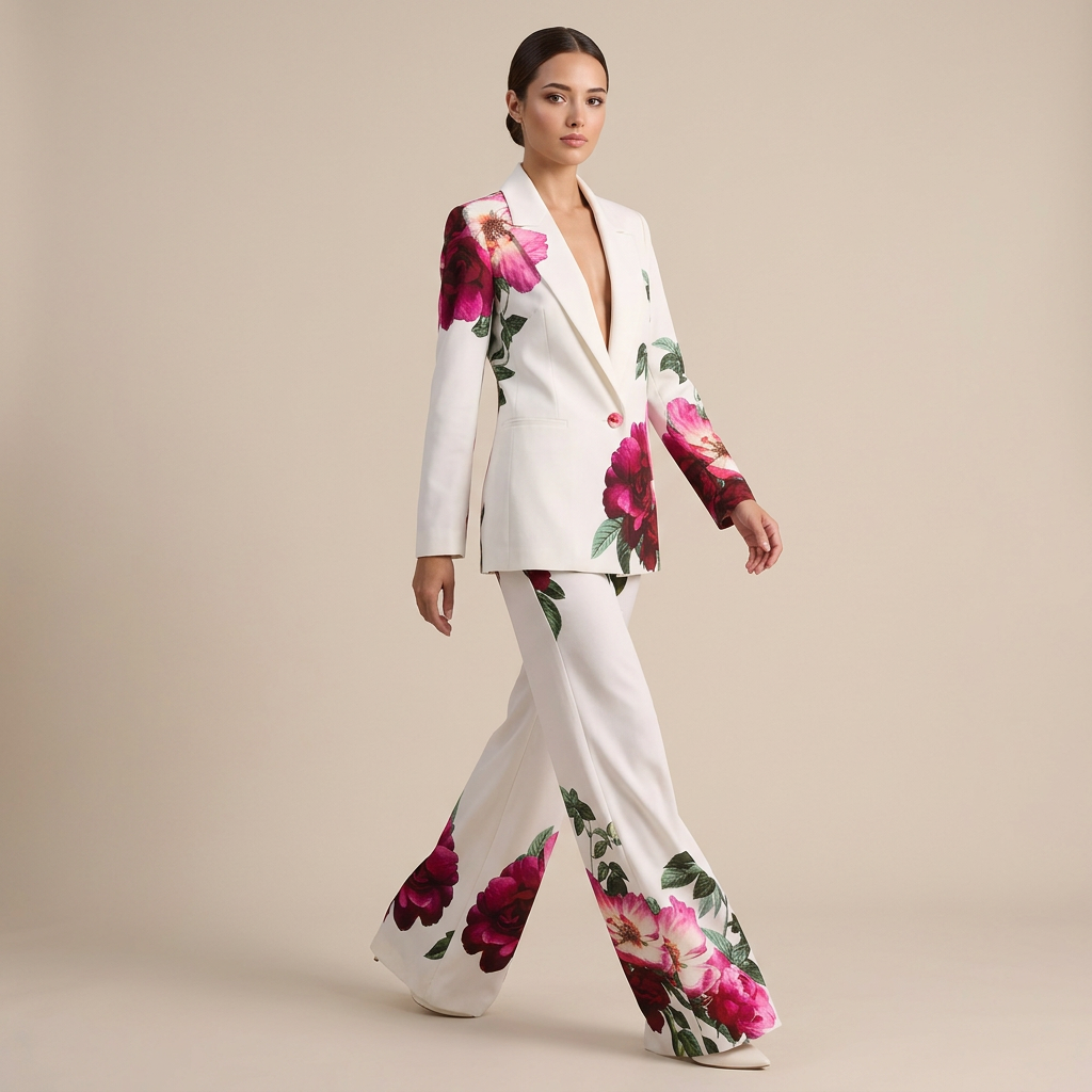 Floral Print Tailored Blazer and Flared Pants Suit Set for Friday Night Vibes and Statement Elegance Women