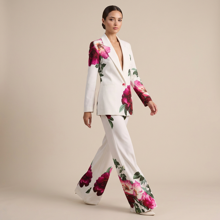 Floral Print Tailored Blazer and Flared Pants Suit Set for Friday Night Vibes and Statement Elegance Women