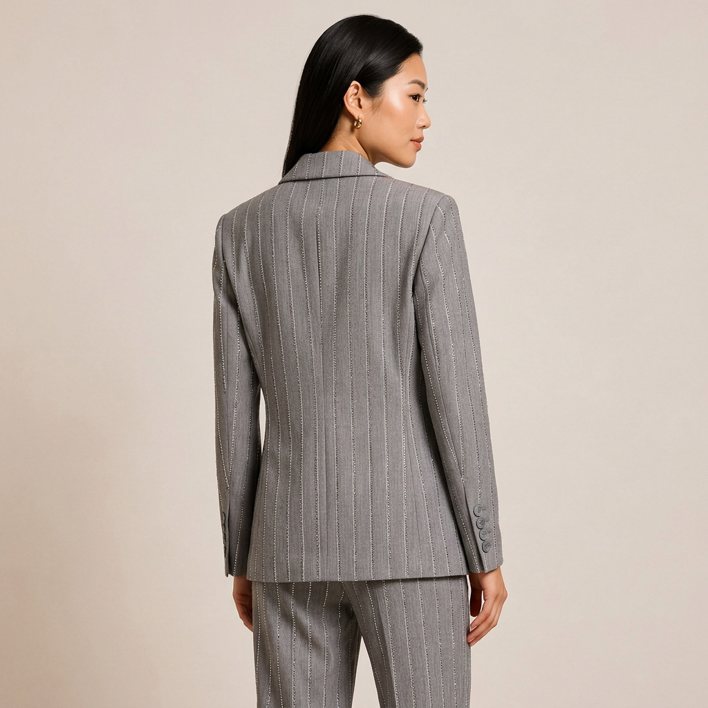 Grey Sequin Pinstripe Double-Breasted Blazer &amp; Wide Leg Pants Suit Set