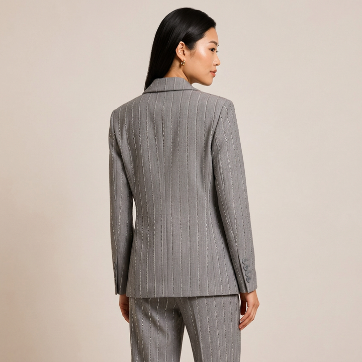 Grey Sequin Pinstripe Double-Breasted Blazer &amp; Wide Leg Pants Suit Set