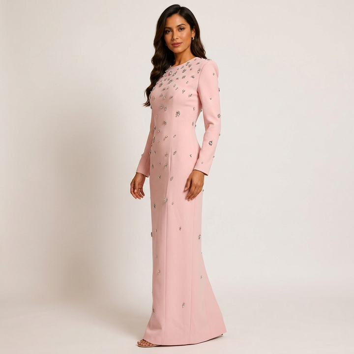 Beaded Rhinestone Maxi Gown for Black Tie Elegance and Evening Glamour Women