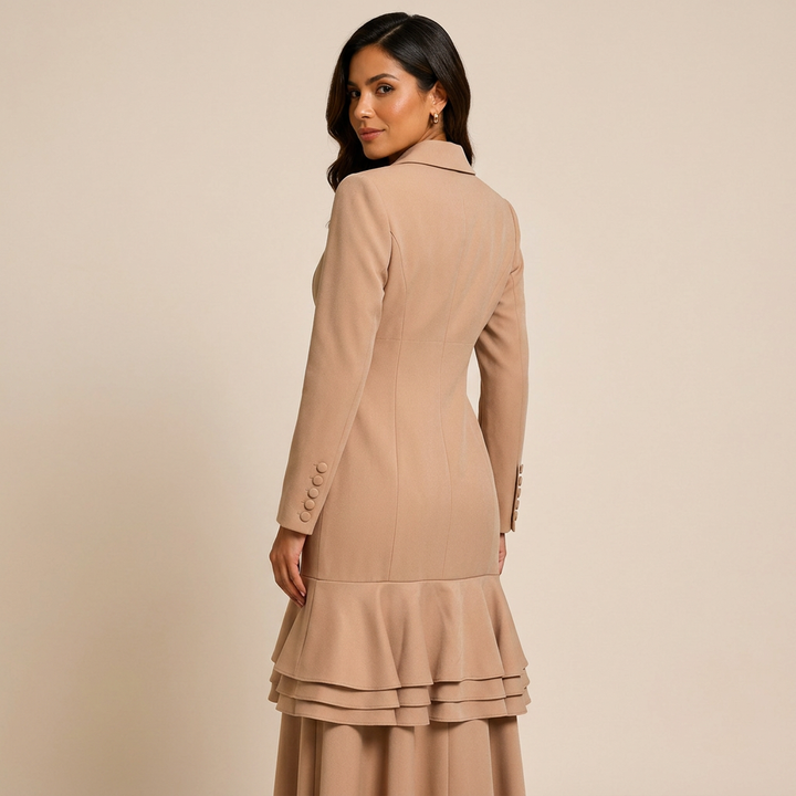 Khaki Satin Ruffle Double-Breasted Blazer Maxi Evening Gown