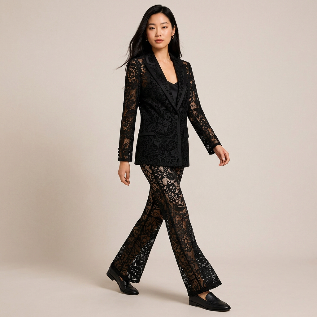 Embroidered Sequin Mesh Blazer and Wide Leg Pants Set for Gala Evenings and Luxury Events Women
