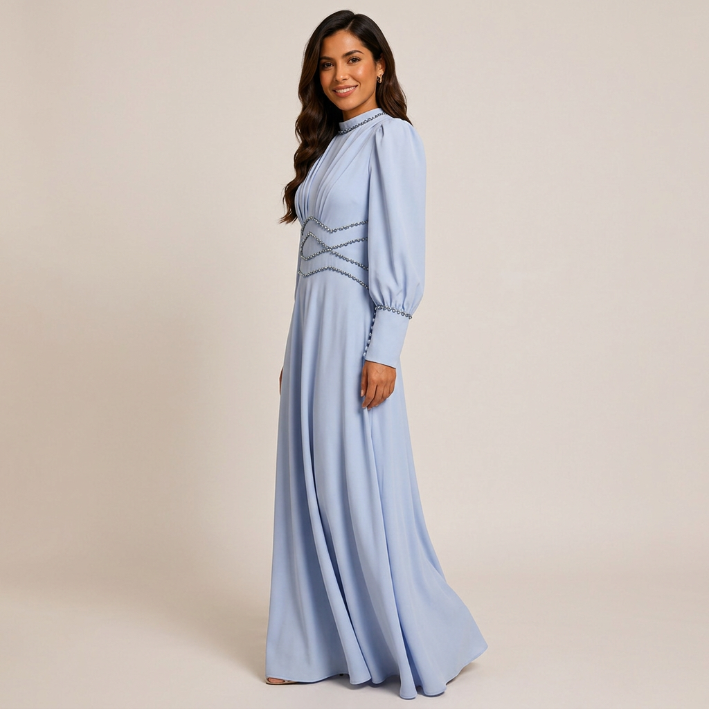 Light Blue Beaded High-Neck Long Sleeve Maxi Evening Gown