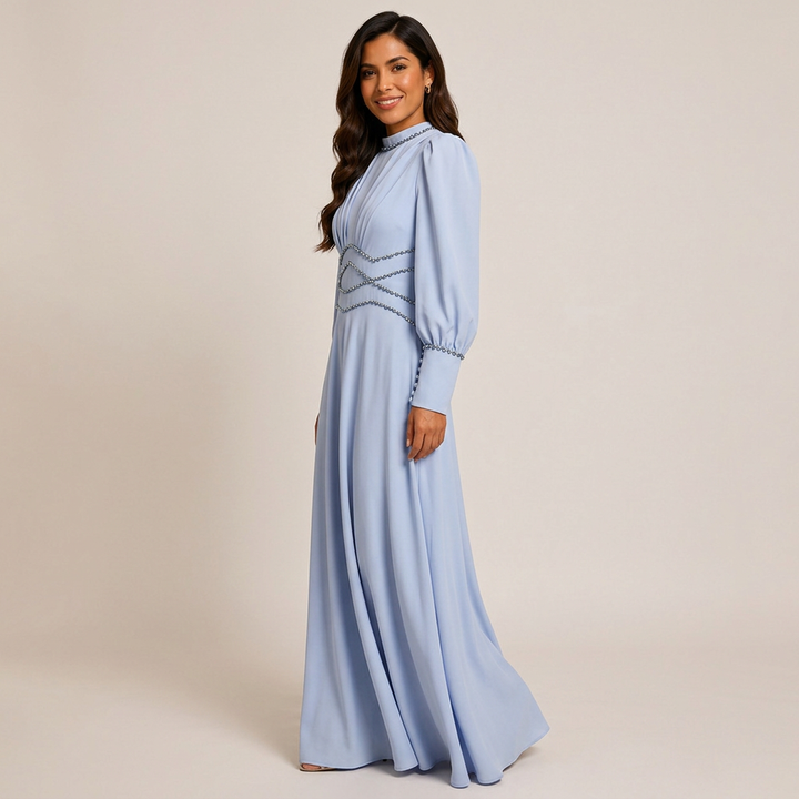 Light Blue Beaded High-Neck Long Sleeve Maxi Evening Gown