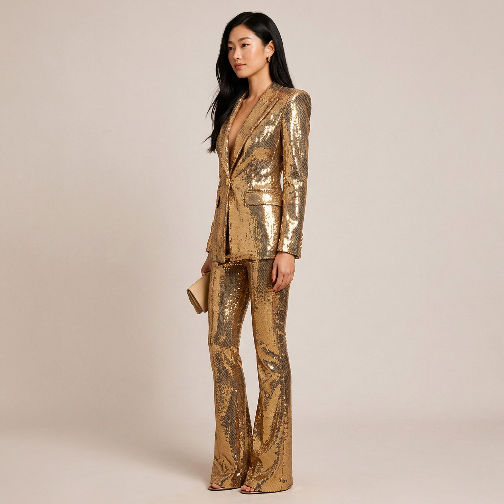 Gold Sequin Blazer and Wide Leg Pants Set for Gala Evenings and Luxe Party Glamour Women