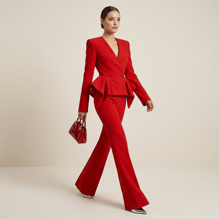 Ruffle Sleeve Tailored Blazer and Slightly Flared Pants Suit Set for Meetings Ready and Statement Elegance Women