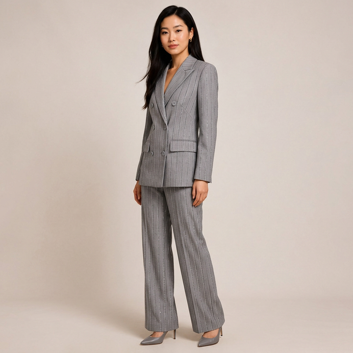 Grey Sequin Pinstripe Double-Breasted Blazer &amp; Wide Leg Pants Suit Set
