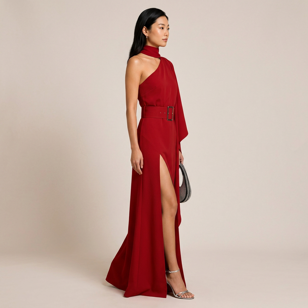 Red One Shoulder Cape Sleeve Belted Slit Maxi Gown for Evening Events and Wedding Guest Elegance Women