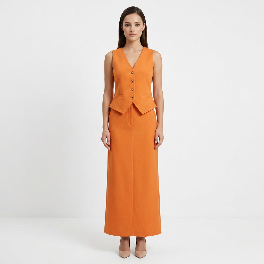 Sleeveless V-Neck Waistcoat &amp; High Waist Midi Skirt Two-Piece Suit Set