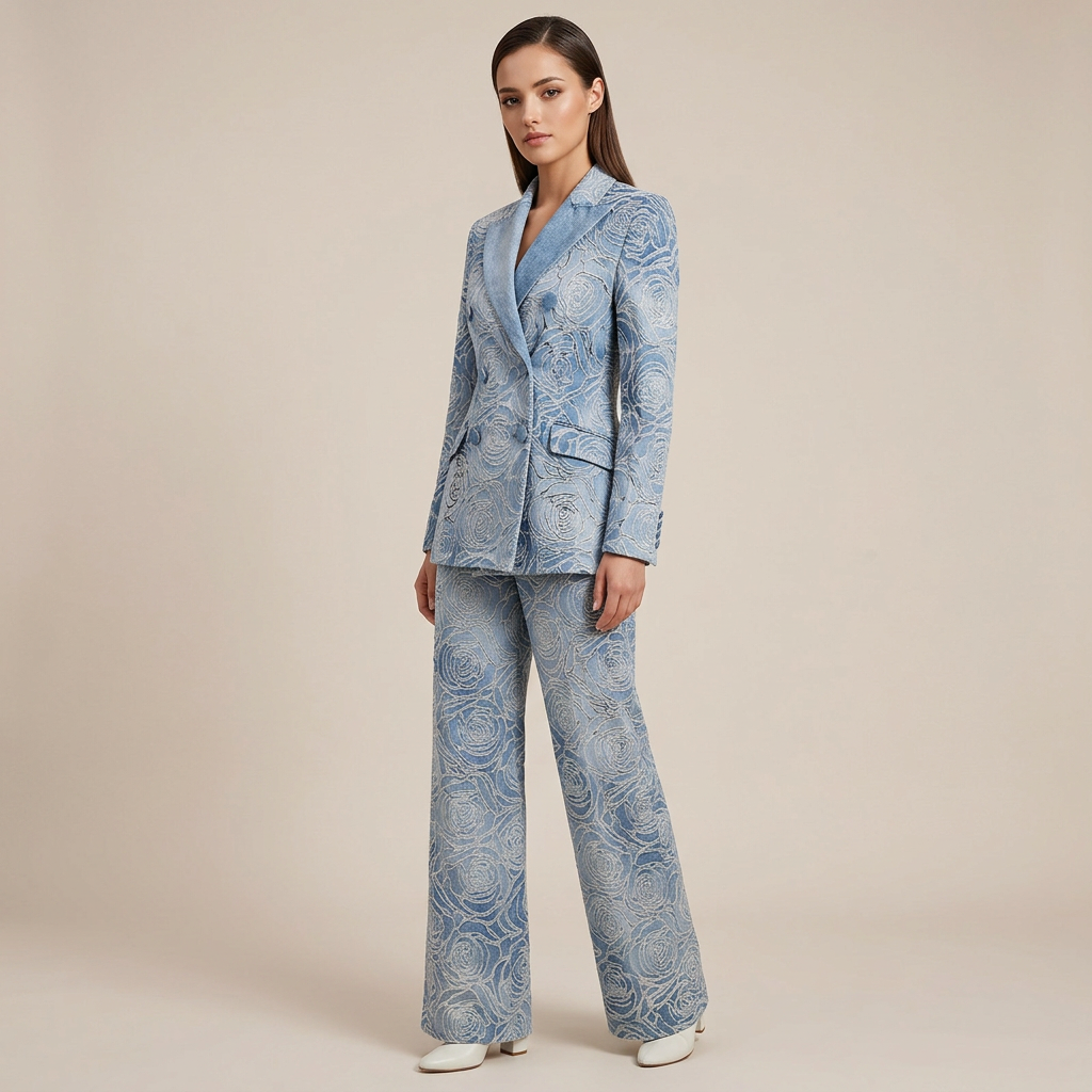 Blue Floral Jacquard Double Breasted Blazer and Wide Leg Pants Set for Executive Elegance Women