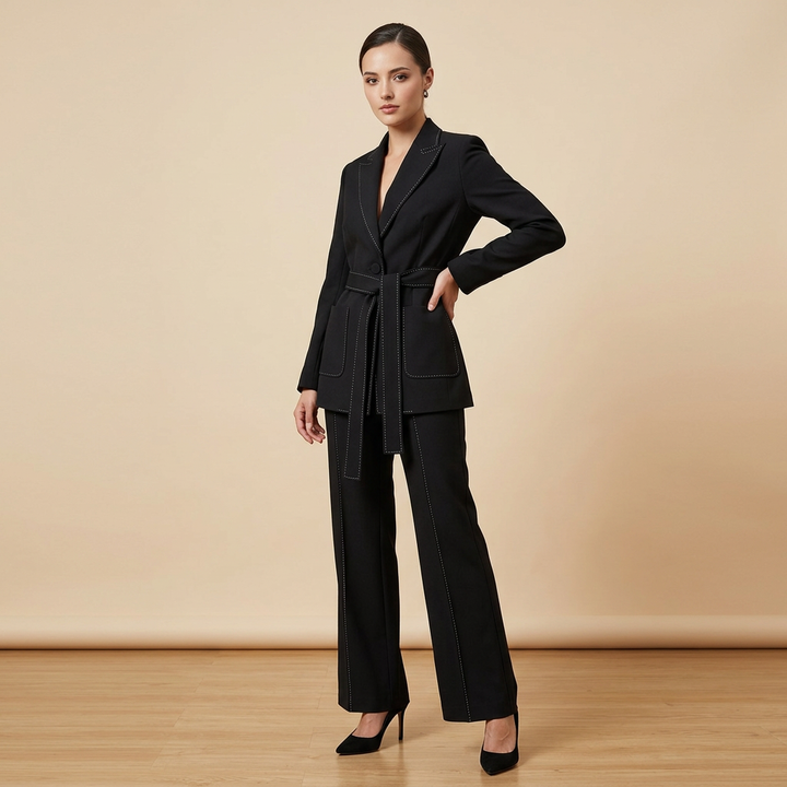 Belted Tailored Blazer and Wide Leg Pants Set with Contrast Stitching for Meetings Ready and Executive Elegance Women