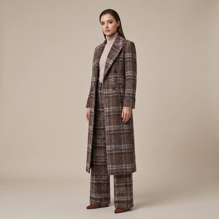 Brown Plaid Wool-Blend Long Coat &amp; Wide-Leg Pants Set